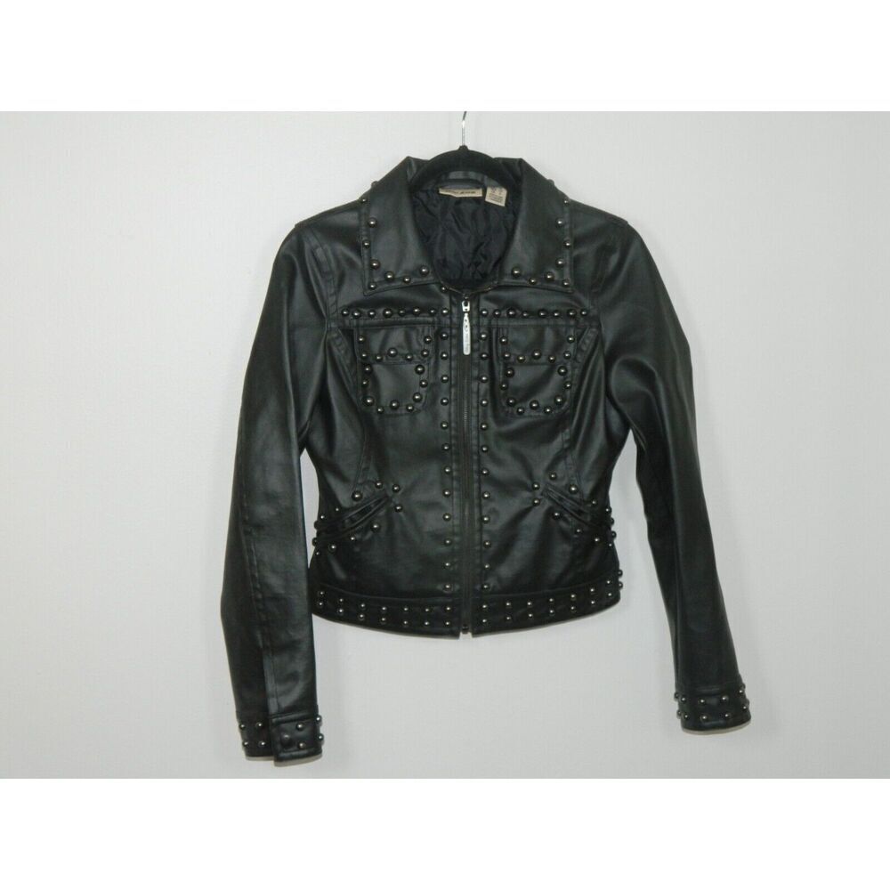 DKNY Jacket‎ Size Smalll Black Faux-Leather  Studded Moto Quilted Lining - Picture 5 of 11